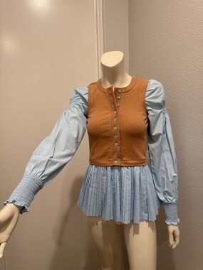 Anthropologie Two-Tone Button Front Peplum Top in Camel and Light Blue XXS